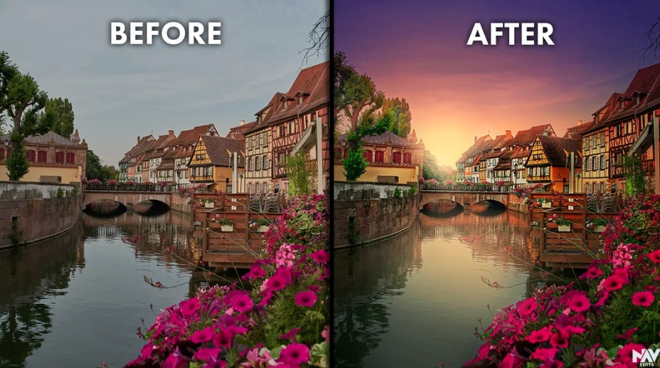 Before and after editing scenic image