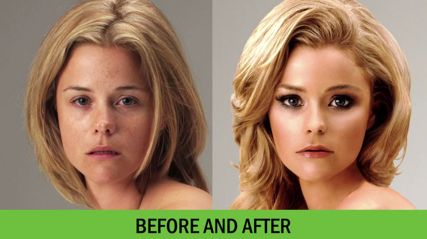 before and after editing image of woman's face